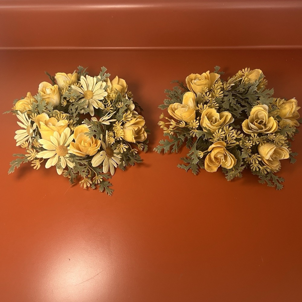 Pair Springtime Plastic Floral Taper Candle Rings Greenery Yellow 1970s Vtg rose